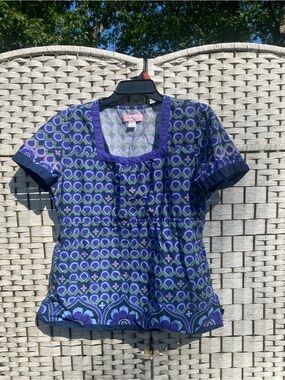 koi Purple Patterned Short-Sleeve Peplum Scrub Top